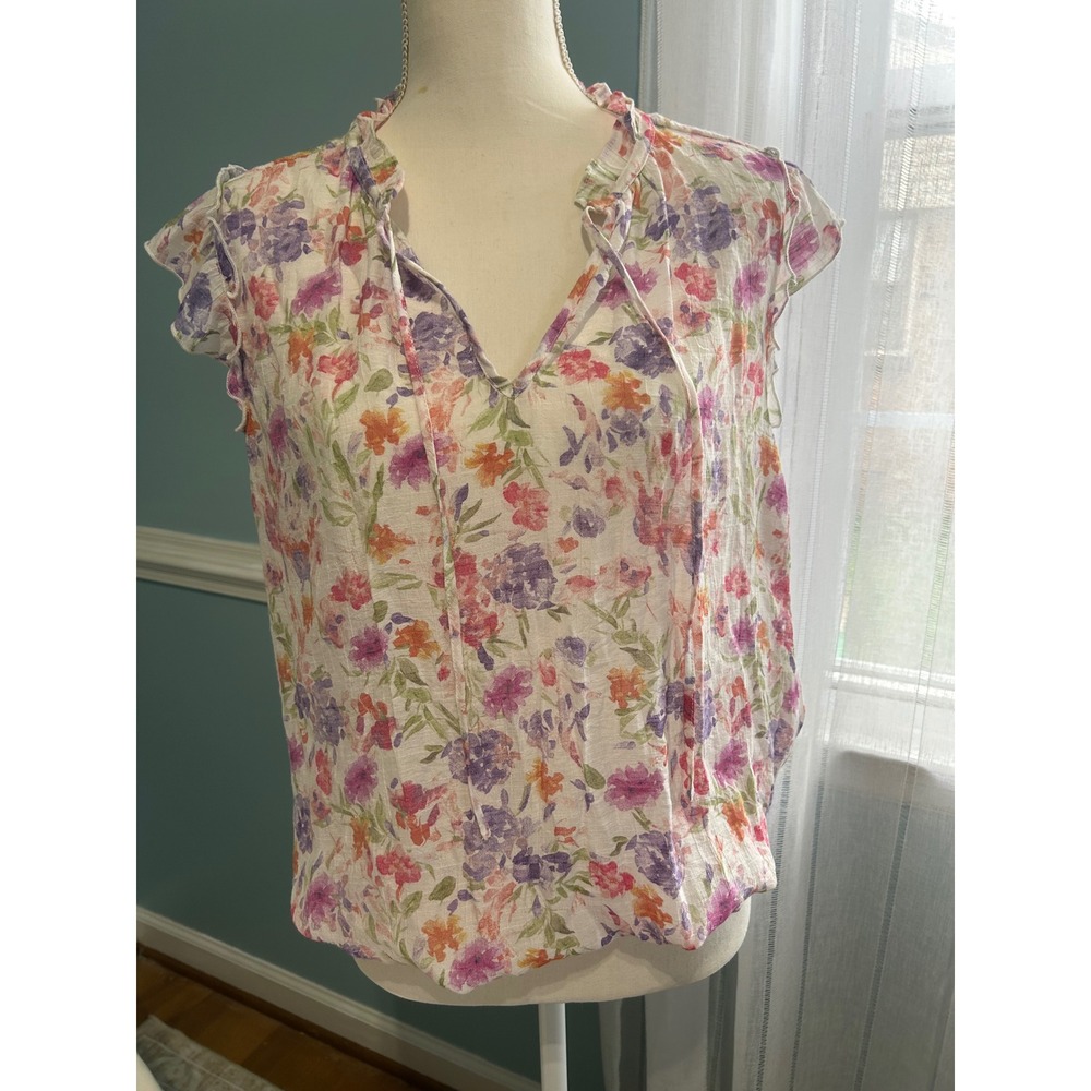 Tamara H Floral Flutter Sleeve Blouse Purple Pink Orange Tie Neck Bubble Hem L